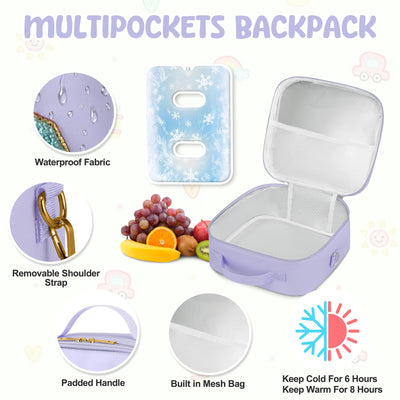 Reusable Insulated Lunch Bag for Kids Teens & Adults with Adjustable Shoulder Strap - Large Durable Lunch Bag Tote for School Travel Picnic Work - Leakproof Smiley Design Lunch Carrier (Purple-Smiley)