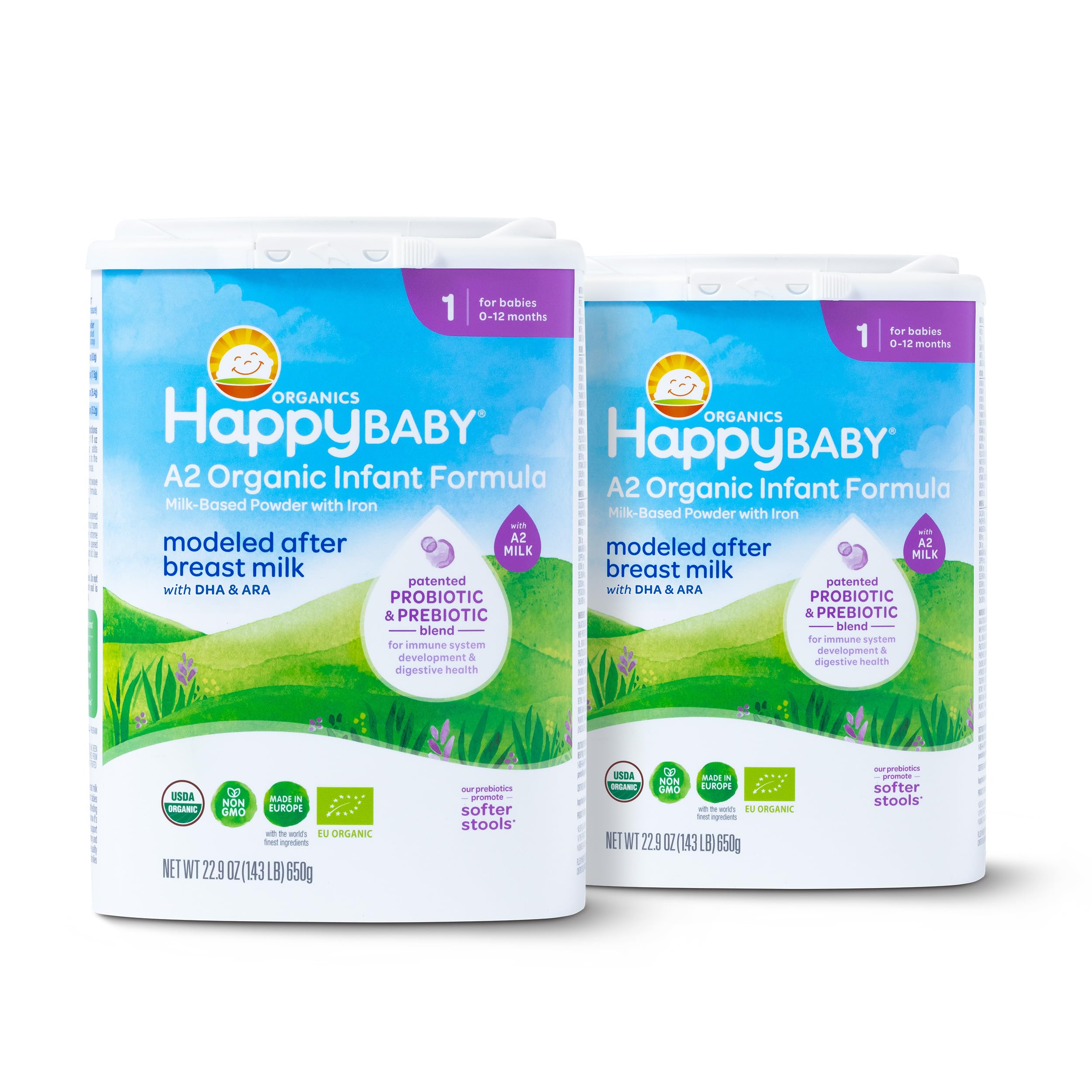 Happy Baby Organics Stage 1 A2 Infant Formula, 0-12 Months, Milk Based Organic Baby Formula Powder with A2 Milk, Probiotics & Prebiotics for Immune & Digestive Support, 22.9 Ounce (Pack of 1)