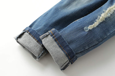 KIDSCOOL SPACE Baby Girl Boy Jean,D Ring Elastic Band Inside Ripped Denim Pants,Blue,7-8 Years