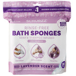 Packaging of Scrubzz rinse-free bath sponges with lavender scent on a white background