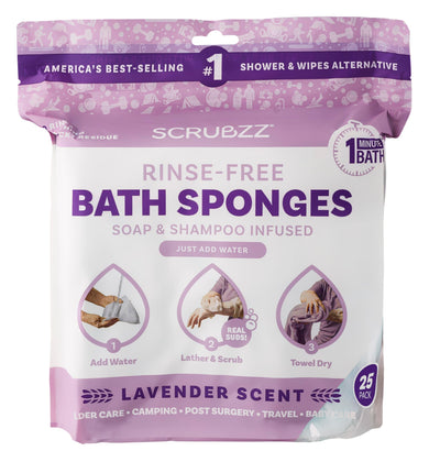 Packaging of Scrubzz rinse-free bath sponges with lavender scent on a white background
