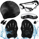 Foilswirl 8 Pcs Swimming Equipment Kit Anti Fog Swim Goggles Paddle Hand Cap Nose Cover Training Hand Paddles with Adjustable Straps for Lap Men Women(Black)