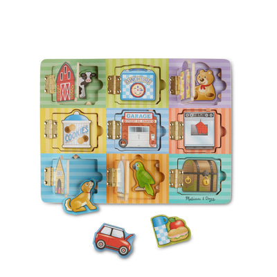 Children's puzzle with various shapes and images on a white background
