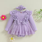 ZAXARRA Infant Baby Girl Romper Dress Baby Dress Romper Flowers Lace Fall Winter Clothes with Headband (Purple, 6-9 Months)