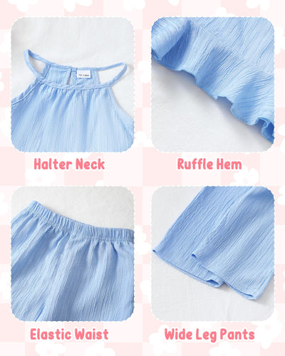 Toddler Clothes 2t 3t Girl Summer Clothes Kids Cute Blue Halter Crop Tops High Waist Pants Toddler Girl Summer Outfits Children Matching Clothing Set