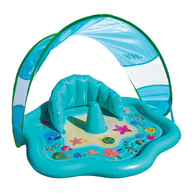 SwimSchool Baby Splash Play Mat with Adjustable Canopy – Inflatable Play Pool for Babies & Infants with Backrest – Includes Baby Water Toy Rings