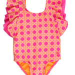 RuffleButts Girls UPF50+ Sun Protection Sleeveless Butterfly Sleeve/Waterfall One Piece Swimsuit - Neon Sherbet Cane, 2T