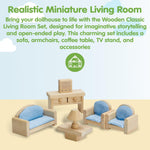 PlanToys® Living Room Classic Set for Montessori Inspired Small World Play | Imaginative Storytelling, Social Interaction and Home Role Play | Eco Friendly Wooden Dollhouse Living Room Furniture