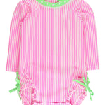 RuffleButts Baby/Toddler Girls Seersucker Long Sleeve One Piece Rash Guard Swimsuit with UPF 50+ Sun Protection - Neon Pink Seersucker, 2T