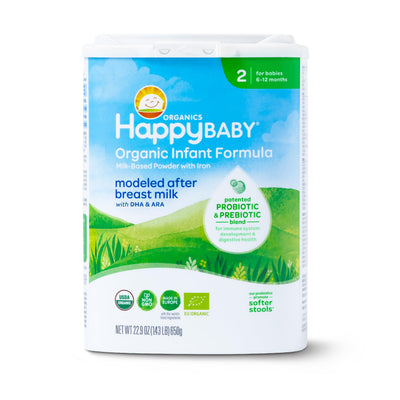 Happy Baby Organic Infant Formula packaging on a white background