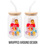 Silver Buffalo Care Bears Heart Cousins Brave Lion Playful Monkey Gentle Lamb Cozy Penguin Lotsa Elephant Bright Raccoon Proud Cat Loyal Dog Treat Pig Swift Rabbit Glass Jar Tumbler w Bamboo Lid, 16oz