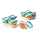 Set of baby food containers with lids on a white background
