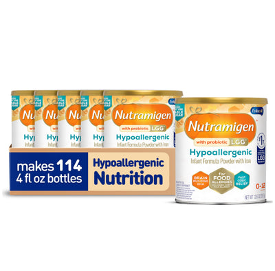 Nutramigen hypoallergenic infant formula packaging on a white background