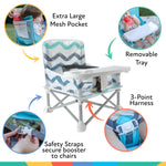 Nuby Easy Go Pop-Up Booster Seat with Removable Tray - 6+ Months - Portable Booster Seat for Floor for Indoor/Outdoor Use - 3-Point Safety Adjustable Straps - Includes Travel Bag - Chevron