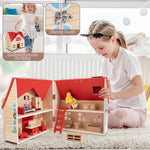 WOODMAM Foldable Wooden Doll House with 13pcs Furniture, 4 Rooms and 2 Flexible Dolls, Pretend Play House Set with Portable Handle, Christmas Birthday Gift for Boys Girls Kids Age 3+