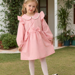 Kucnuzki 12-18 Month Girl Clothes Baby Girl Solid Color Outfit Long Sleeve Zip Up Dress Pink Collared Fall Winter Toddler Girls Plain Dresses with Cute Bag