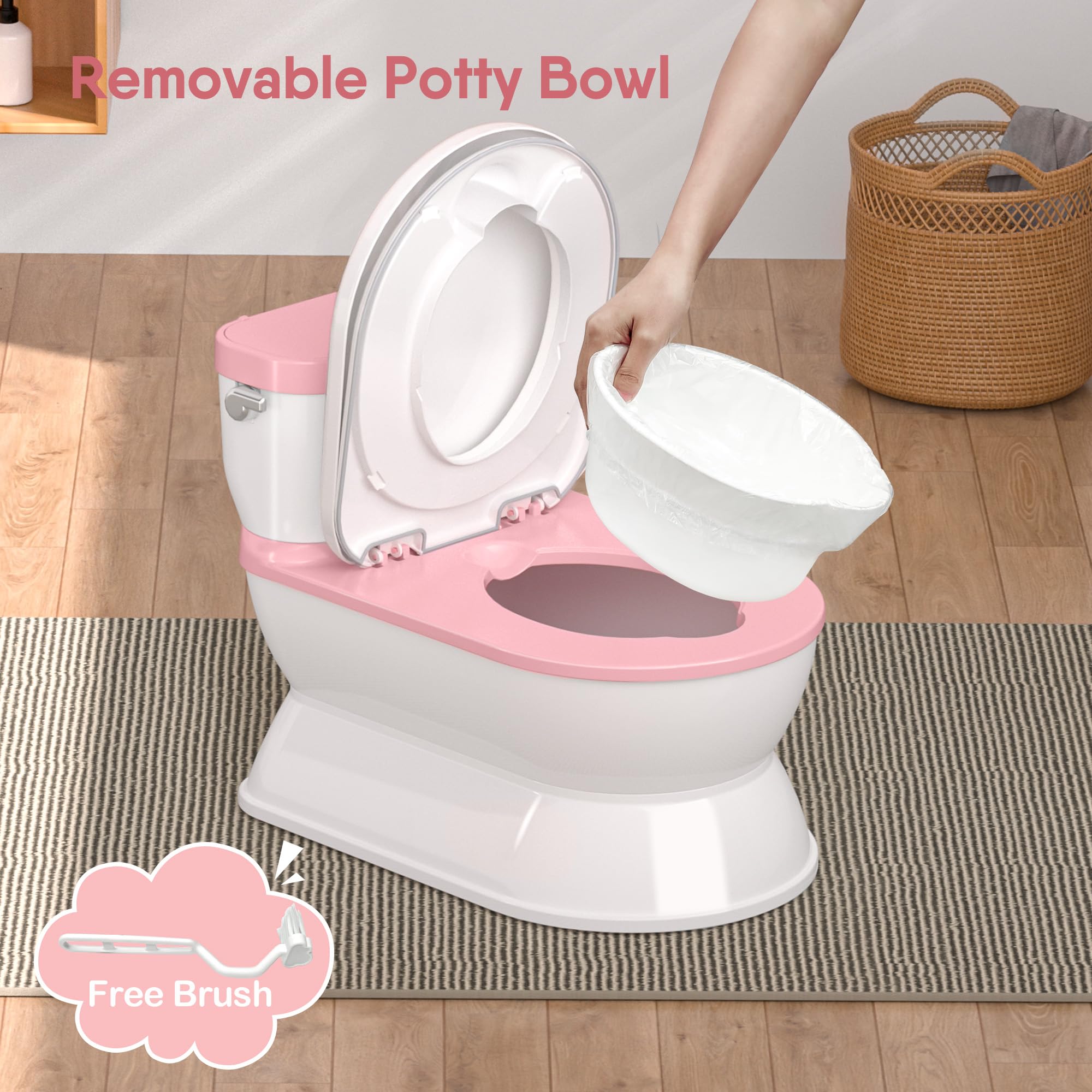 CheerTry 2-in-1 Toddler Potty Training Toilet - Larger Potty Chair & Detachable Training Seat for Boys & Girls Ages 1-3 with Flushing Sound, Wipes Storage, Toilet Paper Holder - Pink