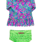 RuffleButts Baby/Toddler Girls Scalloped Long Sleeve Rash Guard 2-Piece UPF50+ Sun Protected Swimsuit - Neon Paisley Pop, 2T