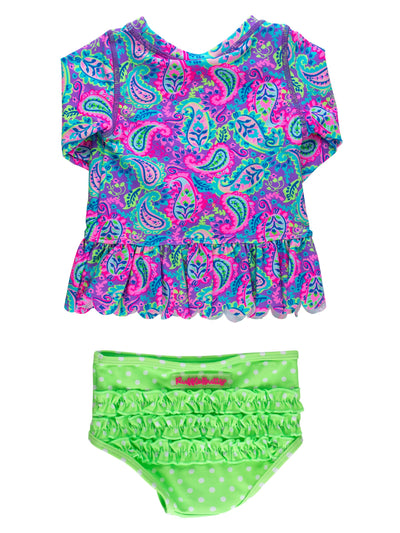 RuffleButts Baby/Toddler Girls Scalloped Long Sleeve Rash Guard 2-Piece UPF50+ Sun Protected Swimsuit - Neon Paisley Pop, 2T