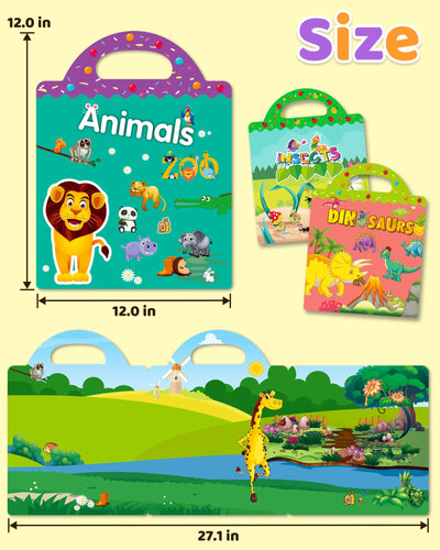 Benresive Reusable Sticker Books for Kids 2-4, Sticker Books for Toddlers 1-3 2-4, Toddler Travel Toys Activities Crafts Gifts - Animals, Dinosaurs and Insect