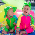 RUGGEDBUTTS Baby Boys UPF50+ Sun Protected Full Length Long Sleeve Rash Guard One Piece Swimsuit - Neon Color Block, 3-6m