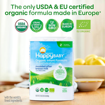 Happy Baby Organics Stage 2 Infant Formula, 6-12 Months, Milk Based Organic Baby Formula Powder with Iron, Probiotics & Prebiotics for Immune & Digestive Support, 22.9 Ounce (Pack of 1)