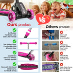 Kick Scooter for Kids 3-7 Ages - Light Up 3 Wheel Scooters,Lean-to-Steer,Three Adjustable Height Scooter for Kids, Wide Dual Rear Wheels,Safe Stable Ride for 3-5,5-7 Year Old Girl Boy Kid - Pink