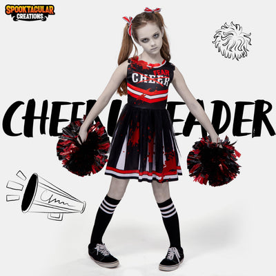 Spooktacular Creations Halloween Cheerleader Costume for Girls, Kids Zombie Cheerleader Outfit, Dead Fearleader Dress for Halloween Scary Costume Role Play Parties, Red Black, M