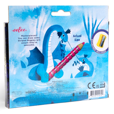 eeBoo: Striped Biggies 12 Color Pencils: Magical Creatures - 12pc Set w/ 6 Fluorescent & 6 Metallic Colors, Includes Sharpener, Art Supplies, Kids Ages 4+