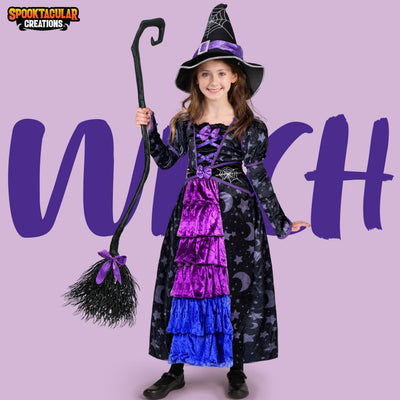 Spooktacular Creations Halloween Child Girl Purple Witch Costume, Toddler Stars and Moon Witch Dress for Kids Halloween Pretend Role Play Parties (Small (5-7 yr))