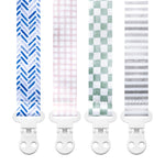 Baby Pacifier Clip Holder - Girl or Boy Unisex 4 Pack Gift Set – Neutral Modern Checker Stripes Gingham Plaid Herringbone Chevron Blue Green Gray Beige