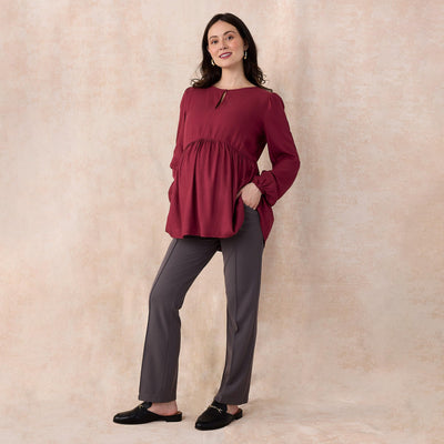 Motherhood Maternity Women’s Long Sleeve Empire Waist Keyhole Woven Pregnancy Blouse, Zinfandel, Small