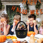 Halloween Basket, Black Cat Plush Halloween Baskets for Kids, Trick or Treat Bucket, Black Cat with Witch Hat Decor, Gift Candy Bucket with Handle for Halloween Party Home Decoration Bins