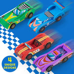 Klever Kits 4 DIY Wooden Race Cars-Build & Paint Your Own Wood Craft Kit, 4 Race Cars Toy, Easy to Assemble Arts Crafts Kit, Birthday Party Presents for Kids Boys and Girls
