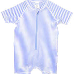 RUGGEDBUTTS Short Sleeve One Piece Rash Guard - Periwinkle Blue Seersucker - 3-6m