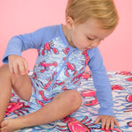 RUGGEDBUTTS Baby/Toddler Boy Swimsuit, One Piece Zipper Rash Guard Sunsuit with UPF 50+ Sun Protection - Blue Lobster Lagoon, 12-18m