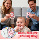 Silicone Teething Toy for Babies - 2ooya 3Pcs Pink Bear Lion Elephant Food Grade Rattle Teether Infant BPA Free Sore Gums Pain Teething Relief Chew Sensory Toy for Newborn Girl Baby Shower Birthday