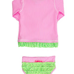 RuffleButts Baby/Toddler Girls Seersucker Long Sleeve Rash Guard Bikini - Neon Pink Seersucker, 2T