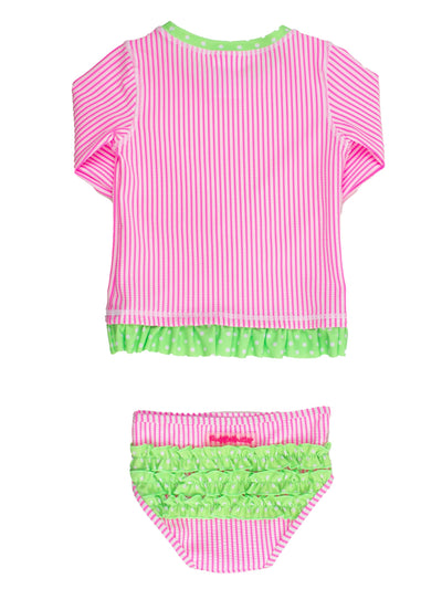 RuffleButts Baby/Toddler Girls Seersucker Long Sleeve Rash Guard Bikini - Neon Pink Seersucker, 2T