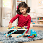 Melissa & Doug Mega Race-Car Carrier - Wooden Tractor and Trailer with 6 Unique Race Cars