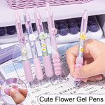 MOZXIRZ 5 Pcs Gel Ink Pens Retractable Pens Cute Flower Pen 0.5mm Black Ink Writing Pen Office School Supplies Aesthetic Pens for Women Girls (Purple)