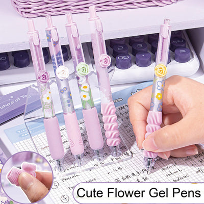 MOZXIRZ 5 Pcs Gel Ink Pens Retractable Pens Cute Flower Pen 0.5mm Black Ink Writing Pen Office School Supplies Aesthetic Pens for Women Girls (Purple)