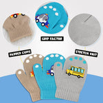 3 Pairs Kids Knitted Mittens Toddler Winter Gloves Boys Full Finger Warm Mittens (3 Pairs-Car)
