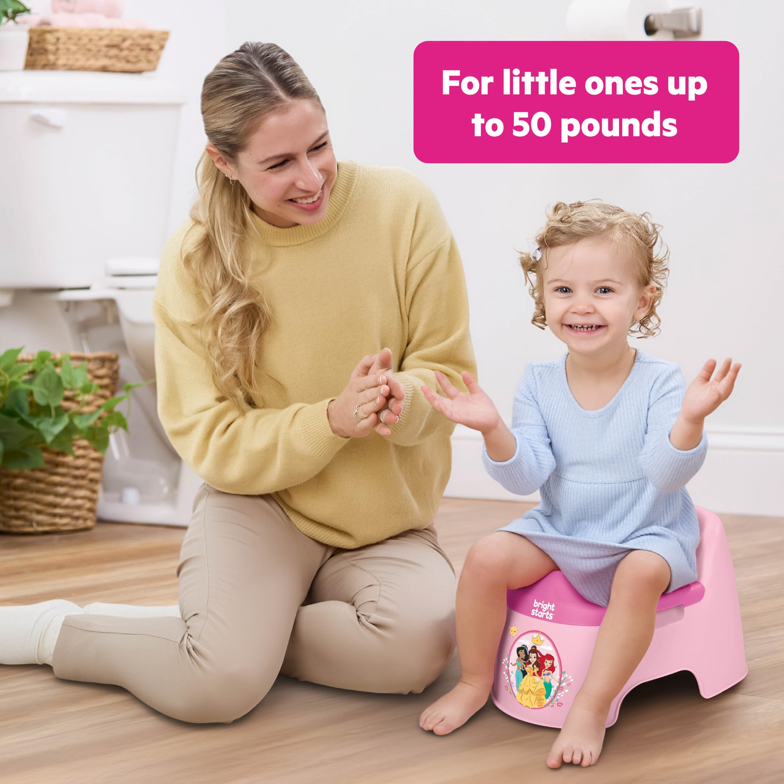 Bright Starts Disney Princess Full Comfort Potty Training Toilet, Easy Clean Removable Bowl, Splash Guard, High Back for Comfort & Stability, Toddlers up to 50 lbs