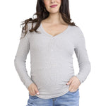 Motherhood Maternity Women's Long Sleeve V-Neck Side Ruched Henley Pregnancy Tee Shirt, Heather Grey, Medium