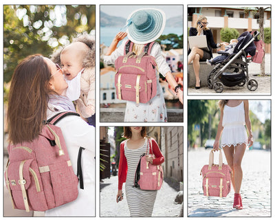 Jiefeike Diaper Bag Backpack, Pink Baby Girls Diaper Bag for Mom, Travel Baby Bags Backpack for Women, Insulated Pockets Portable toddler diaper bag with USB Charging Port, RFID Anti-Theft Pocket