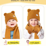 Baby Beanie Mittens Scarf Set,Toddler Infant Kids Winter Hat with Bear Ear Thermal Gloves Neck Warmer Set for Girls Boys Camel