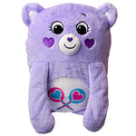 Purple plush toy bear with heart designs on a white background
