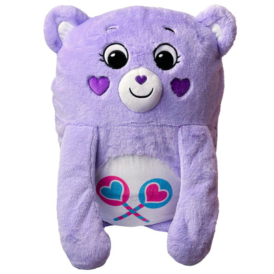 Purple plush toy bear with heart designs on a white background