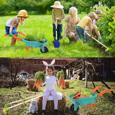 Qtioucp Kids Gardening Set with Wheelbarrow, Real Metal Garden Tools for Kids Ages 3-8, 4 Long Handle Tools, 3 Hand Tool, Gloves, 5 Stickers, Handbook, Outdoor Backyard Toys for Toddler Gift